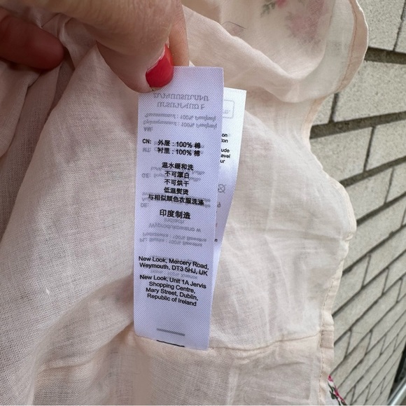 New Look Pink Floral Shirred Puff Sleeve Tie-Back Cotton Smock Mini Dress 14 - Picture 15 of 15